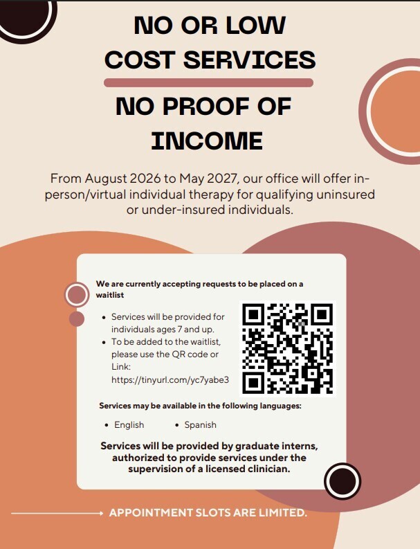 Flyer offering no or low-cost individual therapy from August 2026 to May 2027 for uninsured individuals, with QR code for waitlist sign-up.