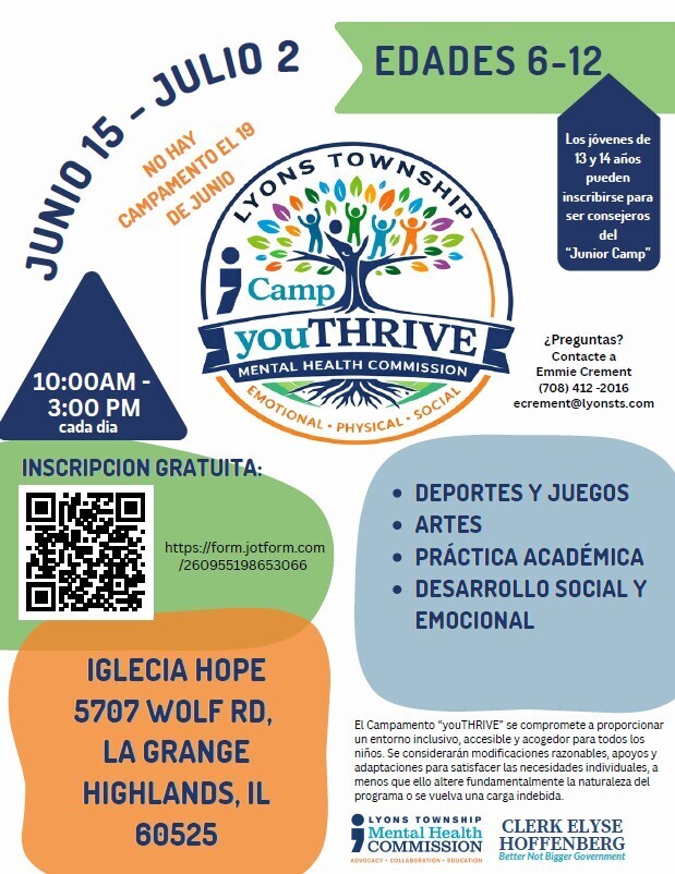 Bilingual flyer advertising the Lyons Township Camp youTHRIVE for ages 6-12 from June 15 to July 2 at Iglesia Hope in La Grange Highlands, Illinois.