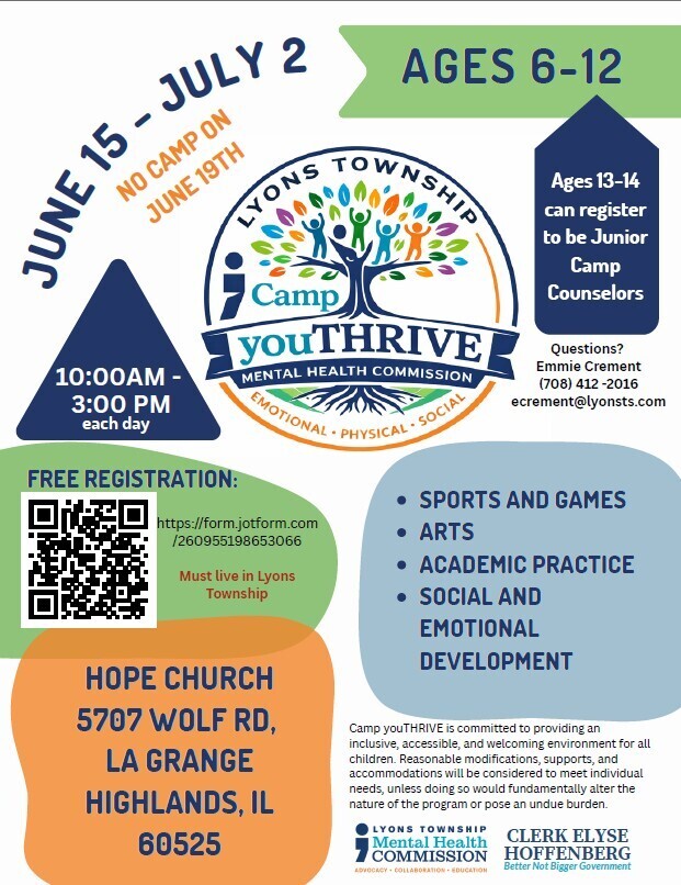 Flyer advertising the Lyons Township Camp youTHRIVE Mental Health Commission camp from June 15 to July 2 for ages 6-12, including details on activities, registration, and location.