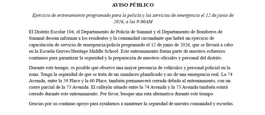 Public notice in Spanish about a police and emergency services training exercise at Graves/Heritage Middle School on June 12, 2026, at 9:00 AM.