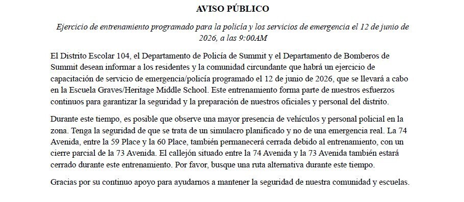 Public notice in Spanish about a police and emergency services training exercise at Graves/Heritage Middle School on June 12, 2026, at 9:00 AM.
