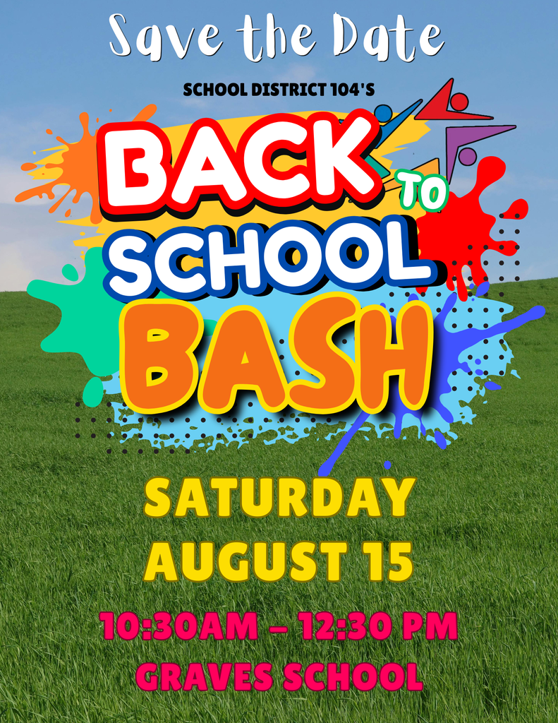 "Back to School Bash flyer with colorful paint splashes and kid figures on a grassy field background. Event on August 15 at Graves School, 10:30 AM to 12:30 PM."
