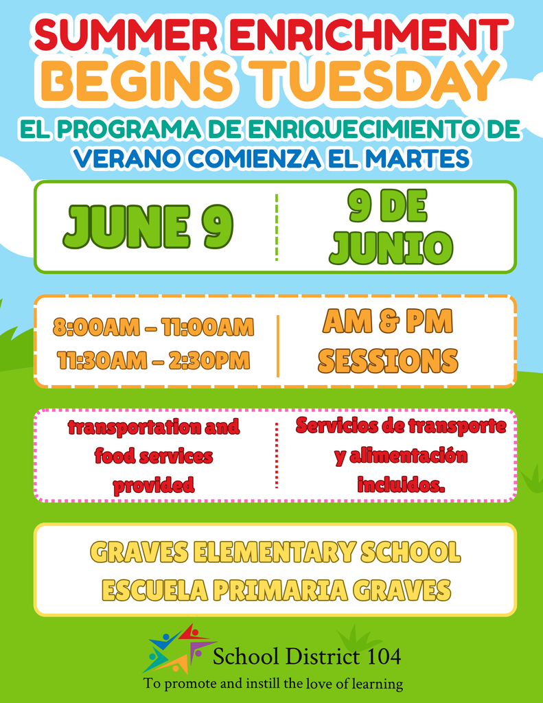 Colorful flyer for a summer enrichment program starting June 9 at Graves Elementary School. Times listed, bilingual text, and services provided.