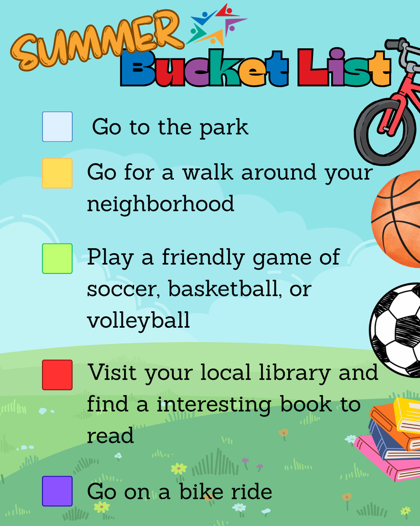 Colorful illustration titled "Summer Bucket List" with activities: park visit, neighborhood walk, sports, library trip, and bike ride, featuring playful graphics.