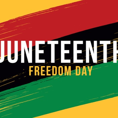 Juneteenth freedom day in white and yellow with yellow red black green and yellow diagonal lines behind it