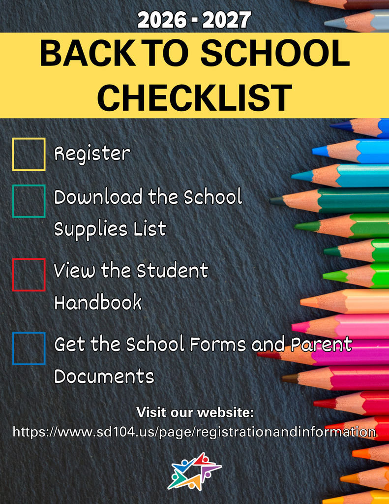 Alt text: "Back to School Checklist for 2026-2027 with colored pencil border. Tasks include registering, downloading supply list, viewing student handbook, and obtaining forms. Website link provided at bottom."