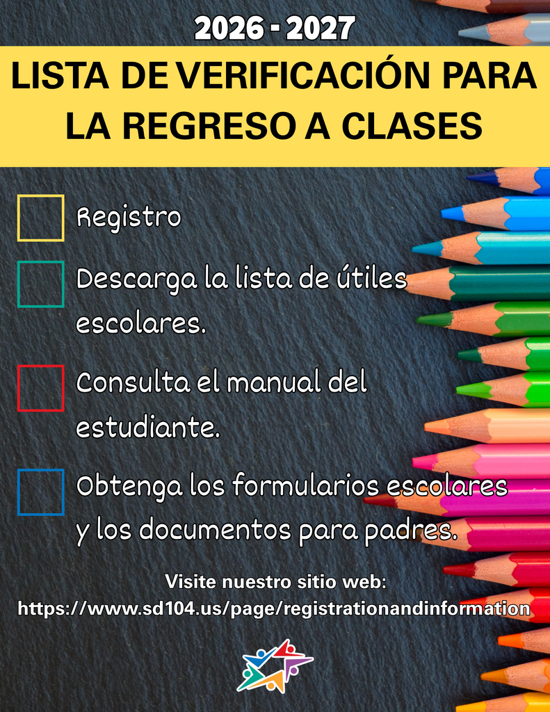 Alt text: "Spanish back-to-school checklist for 2026-2027, with colorful pencils on the right. Steps: register, download supplies list, check student manual, get forms."