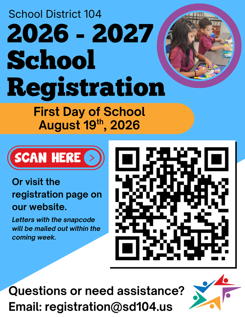School registration flyer for District 104, 2026-2027. Features a QR code, registration info, and children coloring. Contact: registration@sd104.us.