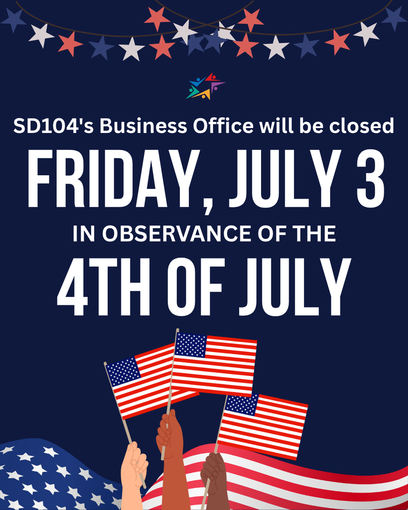 Alt text: "Patriotic announcement with a dark blue background, featuring white and red text about a business closure on July 3 for the 4th of July. Three diverse hands hold U.S. flags, and red, white, and blue stars border the top."