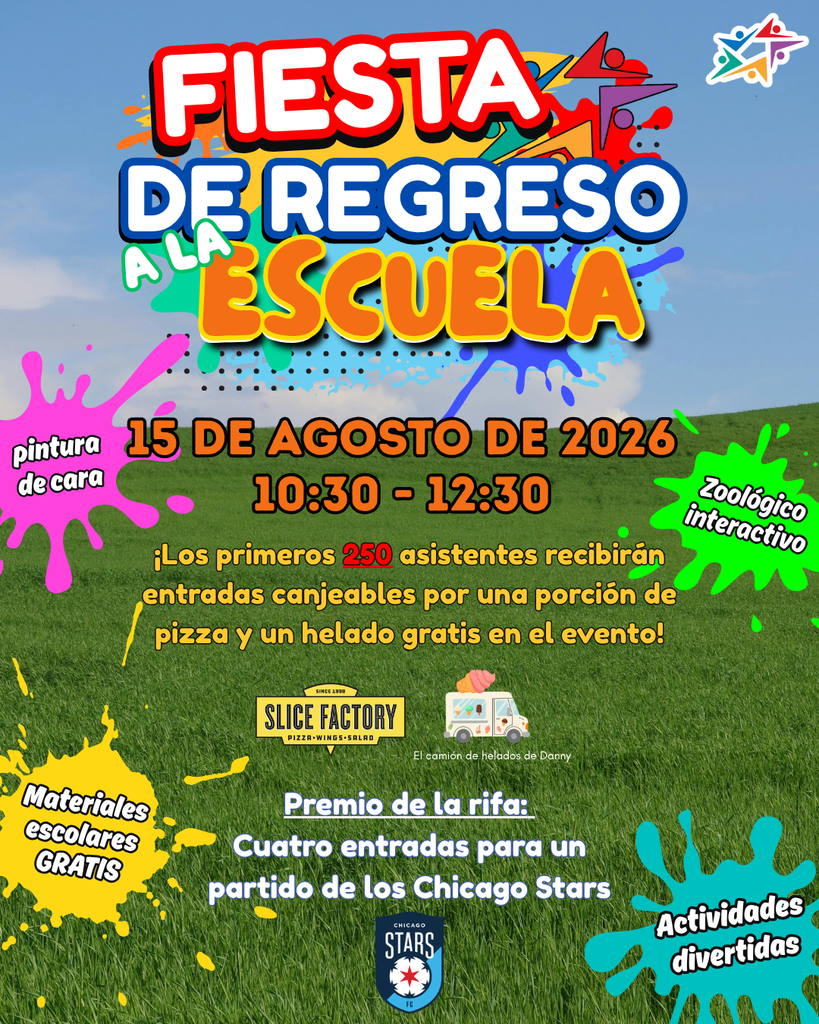 Colorful flyer for a back-to-school party on August 15, 2026, from 10:30 to 12:30. Features include free pizza, ice cream, face painting, and a raffle.