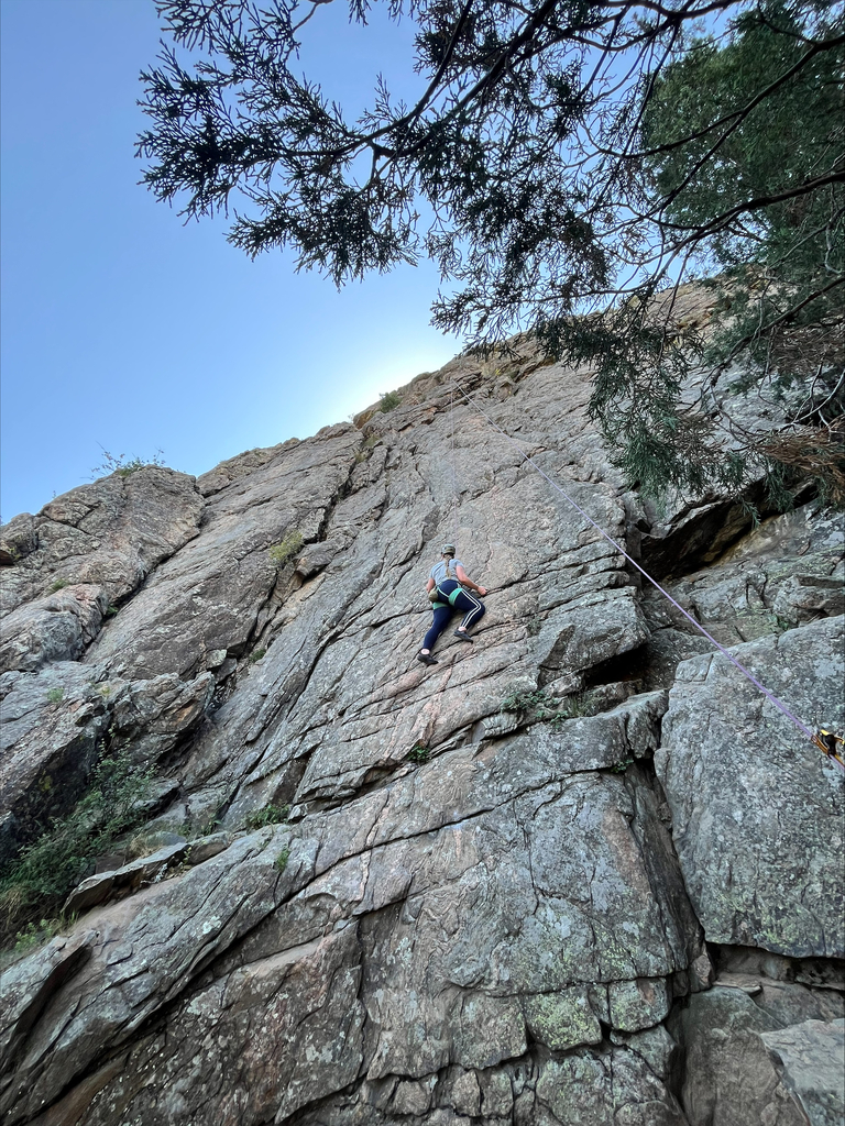 A person wearing climbing gear ascends a steep, rocky cliff face outdoors, with ropes visible and trees framing the scene.