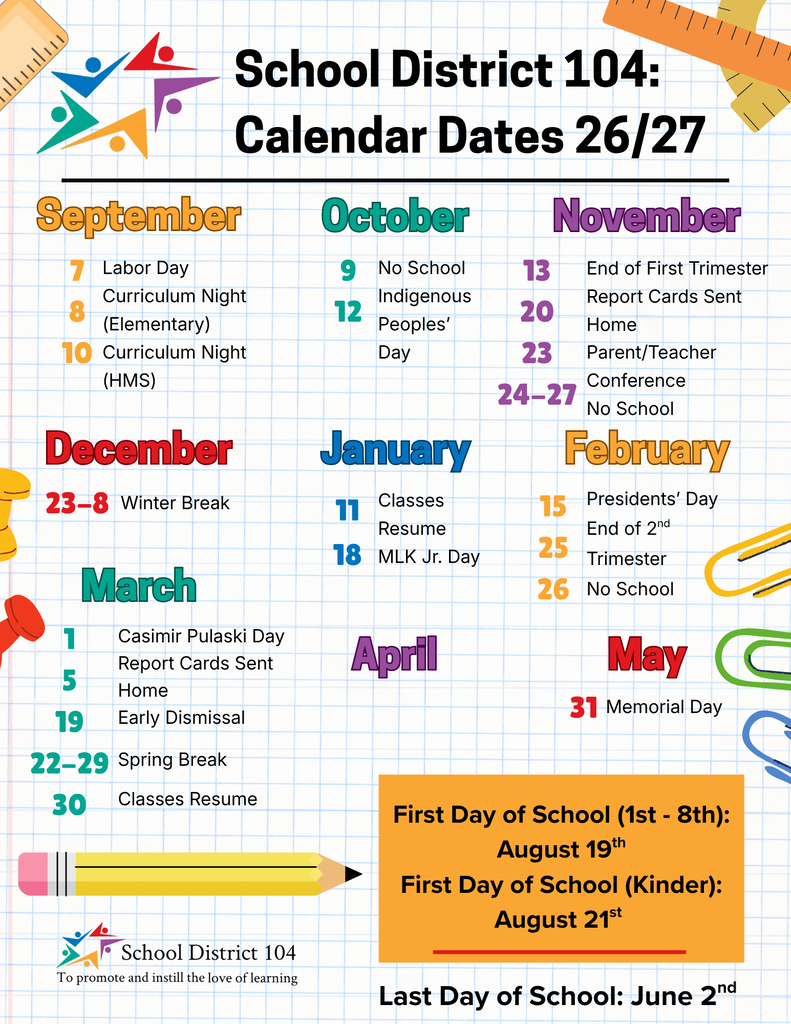 Calendar for School District 104 outlining key dates, including holidays and school events for the academic year.