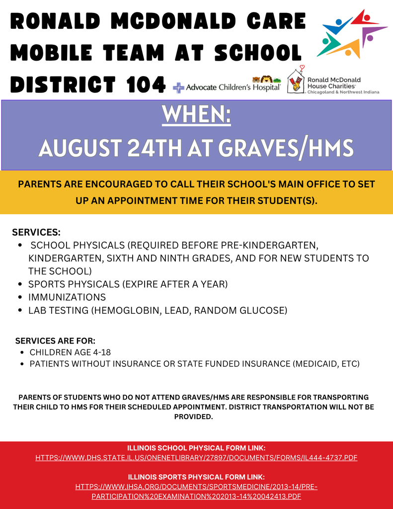 A flyer for a Ronald McDonald Care Mobile event on August 24th at Graves/HMS, offering school physicals, sports physicals, vaccines, and lab tests.