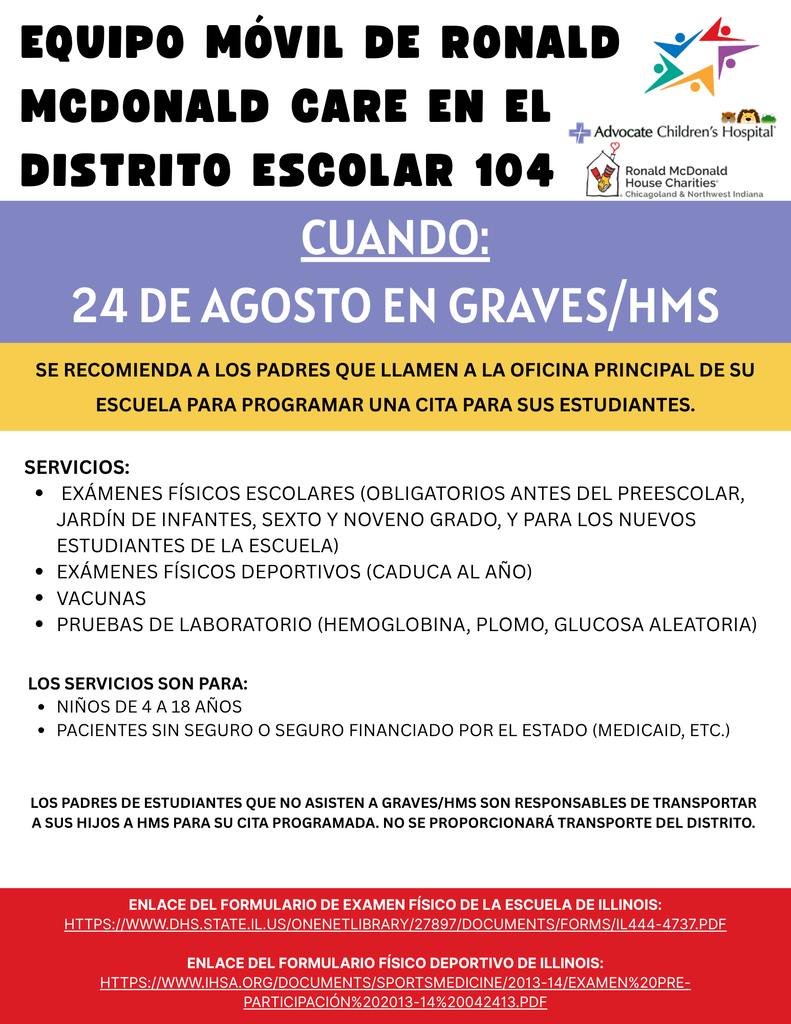 A flyer for a Ronald McDonald Care Mobile event on August 24th at Graves/HMS, offering school physicals, sports physicals, vaccines, and lab tests.