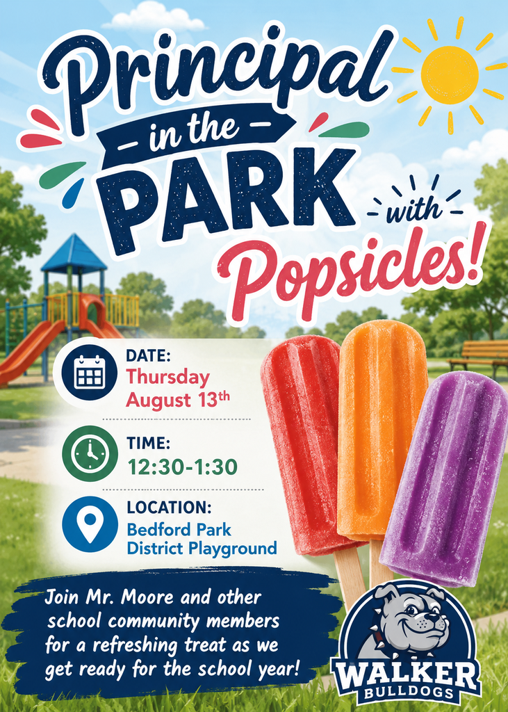 Event flyer for Principal in the Park with Popsicles on August 13th at Bedford Park District Playground, featuring three colorful ice pops and a mascot.