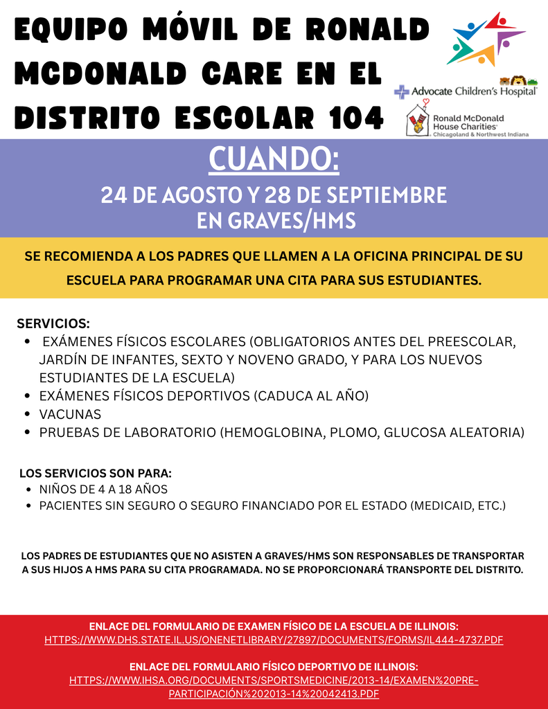 A flyer for a Ronald McDonald Care Mobile event on August 24th and September 28th at Graves/HMS, offering school physicals, sports physicals, vaccines, and lab tests.