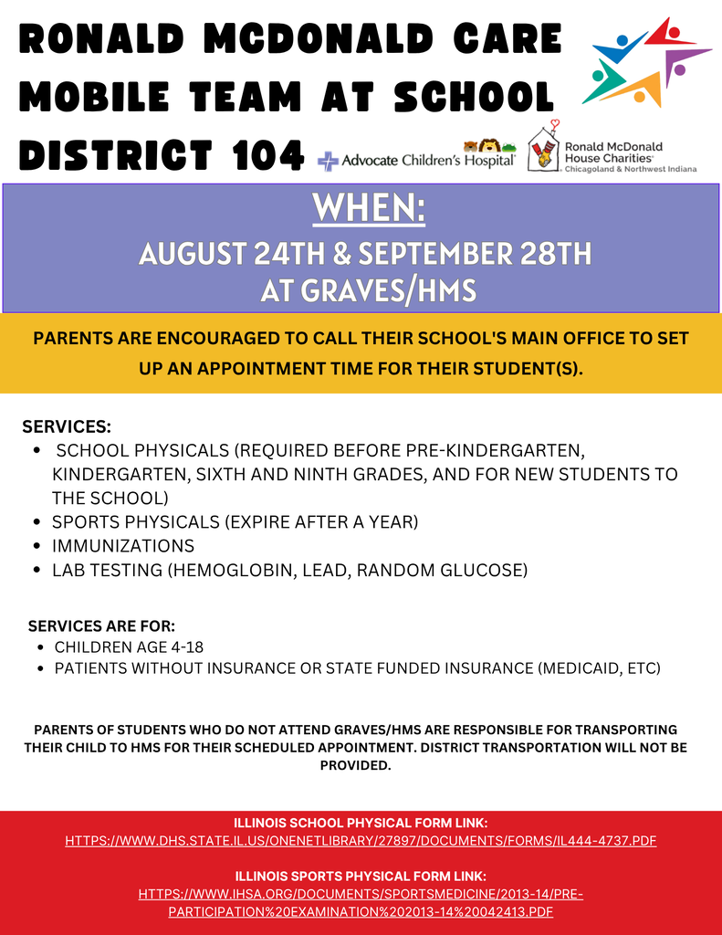 A flyer for a Ronald McDonald Care Mobile event on August 24th and September 28th at Graves/HMS, offering school physicals, sports physicals, vaccines, and lab tests.