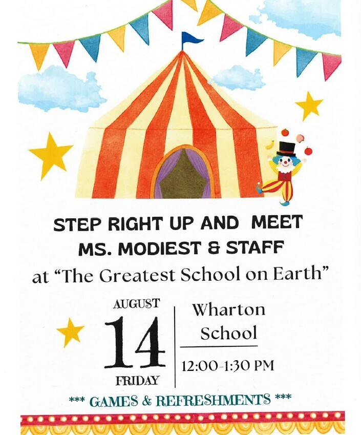 Circus-themed school event flyer with a striped tent, colorful bunting, and a juggling clown. Text invites to meet the staff on August 14, 12-1:30 PM. Bright and cheerful.