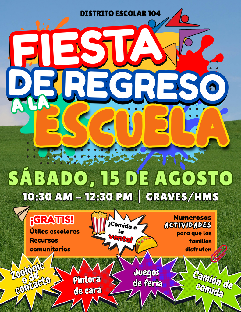 Bright, colorful flyer for a back-to-school party in Spanish. Includes the date, August 15th, time, and features like face painting and food trucks. Energetic and fun.