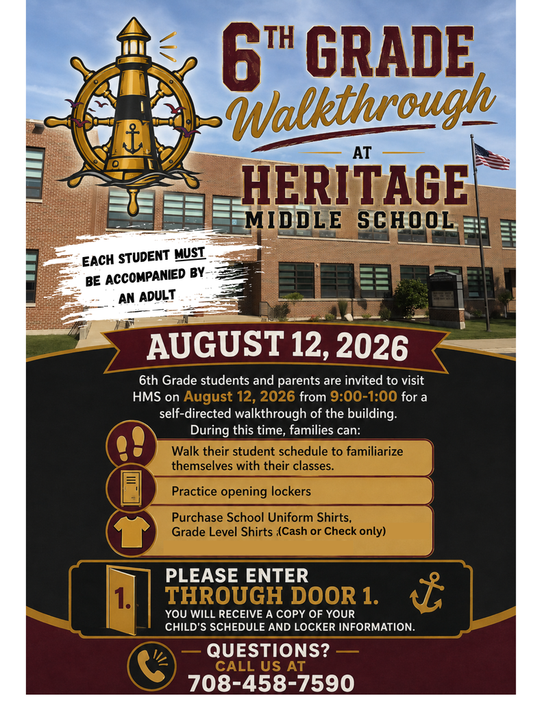 6th Grade Walkthrough at Heritage Middle School on August 12, 2026, from 9:00 to 1:00 for students and parents to visit HMS, practice locker skills, and purchase school uniform shirts and sweatshirts.