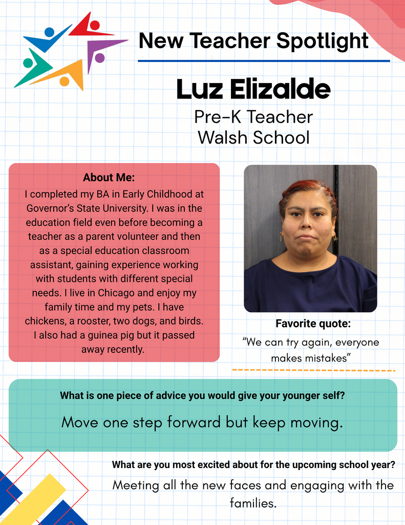 New Teacher Spotlight featuring Luz Elizalde, a Pre-K Teacher at Walsh School. Includes a photo of Luz and information about her education, experience, and advice for new teachers.