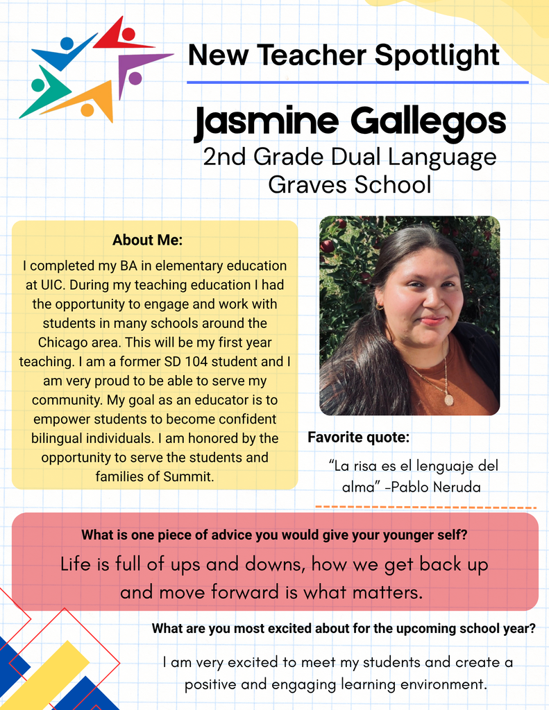 New Teacher Spotlight featuring Jasmine Gallegos, a 2nd-grade dual-language teacher at Graves School, with portrait, biography, and inspirational quote.