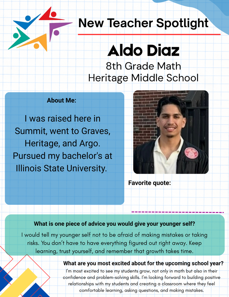 Teacher spotlight graphic featuring Aldo Diaz, an 8th-grade math teacher at Heritage Middle School, with his portrait and inspiring advice.