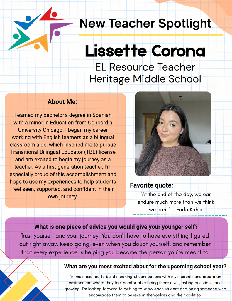 New Teacher Spotlight features Lissette Corona, an EL resource teacher, with her portrait, bio, advice, favorite quote, and enthusiasm for students.