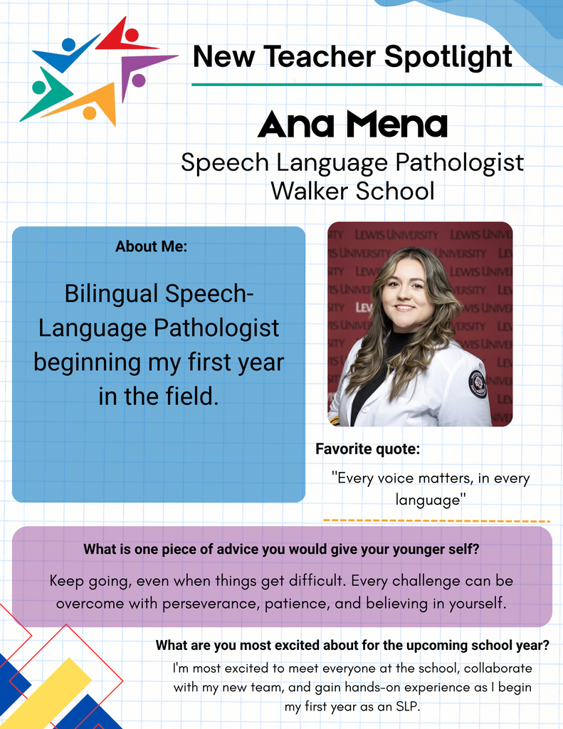 New teacher spotlight featuring Ana Meng, bilingual speech-language pathologist at Walker School, with portrait, biography, quote, and advice.