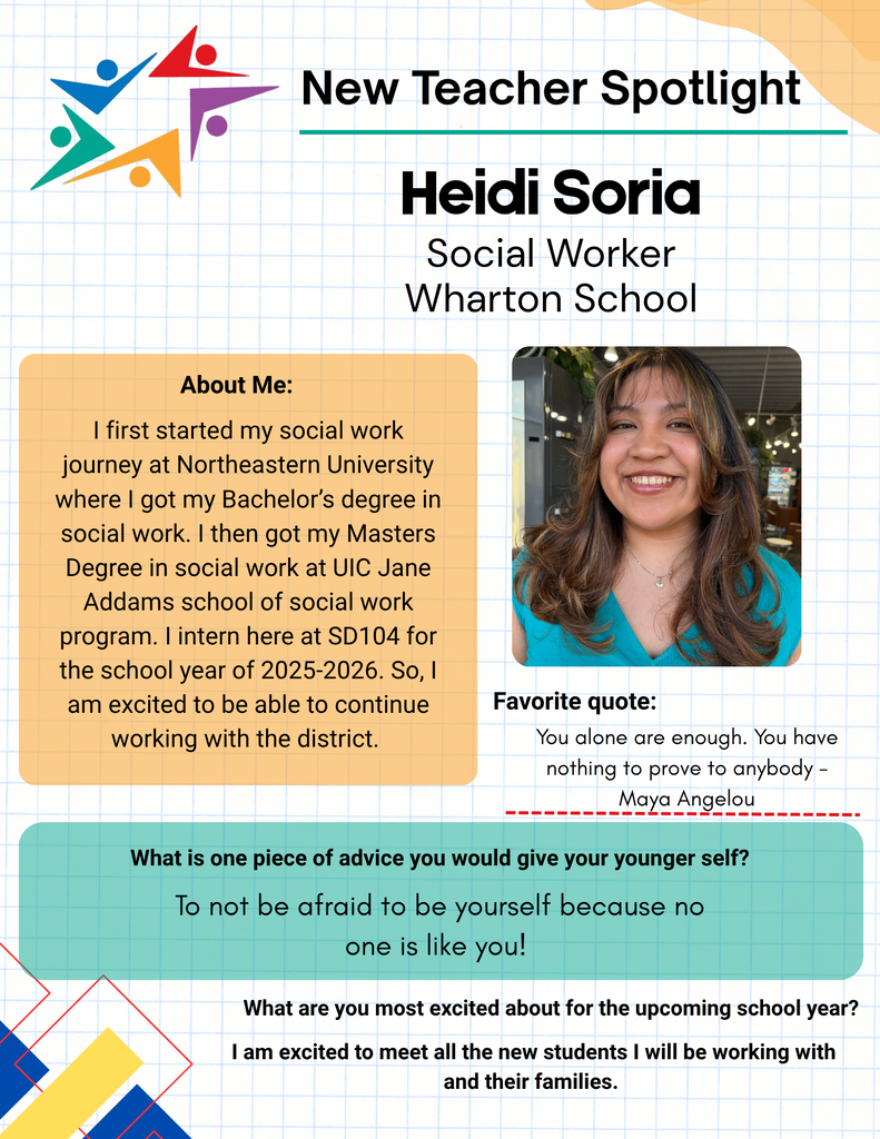 Teacher Spotlight featuring Heidi Soria, Wharton School social worker, with bio, Maya Angelou quote, and encouraging advice for young students.
