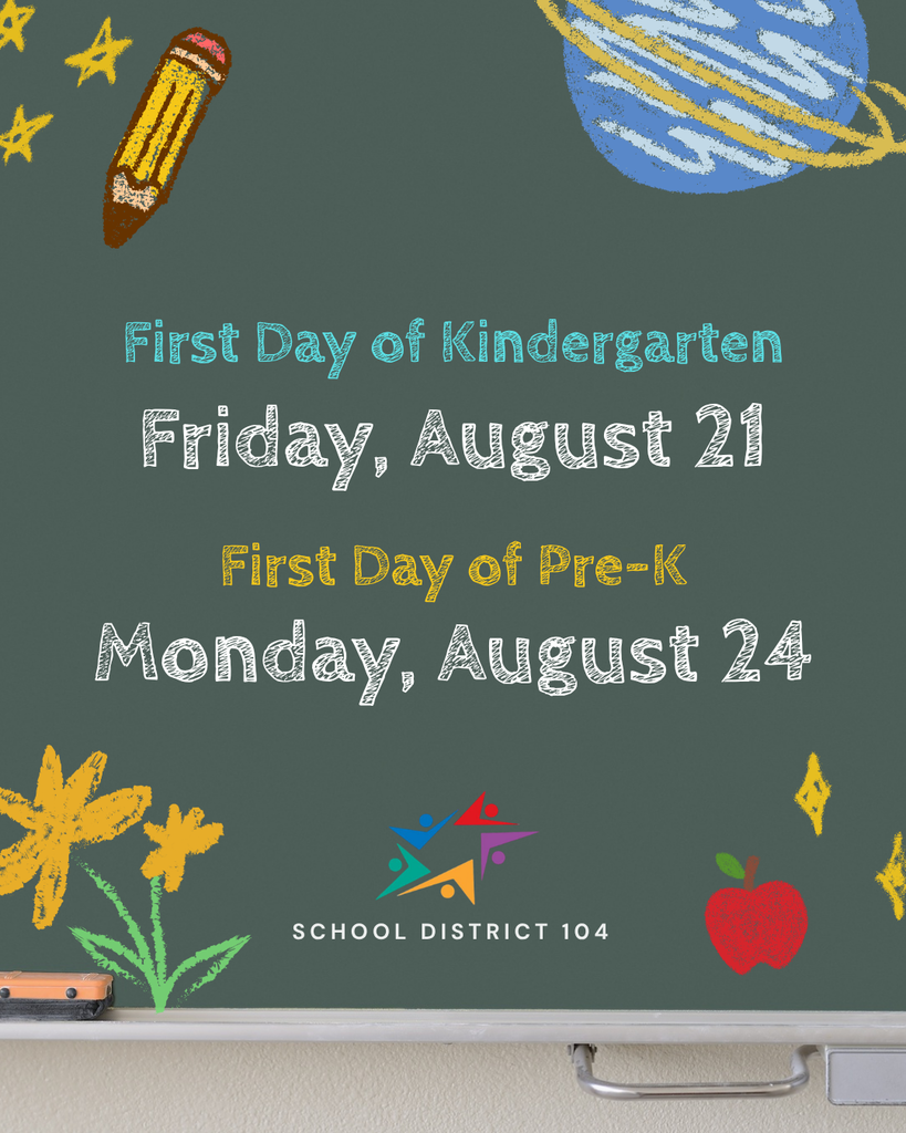 School calendar chalkboard announces Kindergarten on Friday, August 21, and Pre-K on Monday, August 24, with colorful doodles and a cheerful tone.