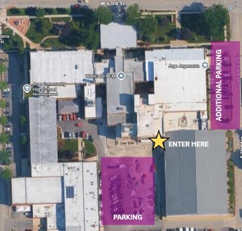 Aerial map of Argo Community High School showing purple parking areas, an “ENTER HERE” star, and additional parking along W 63rd St.
