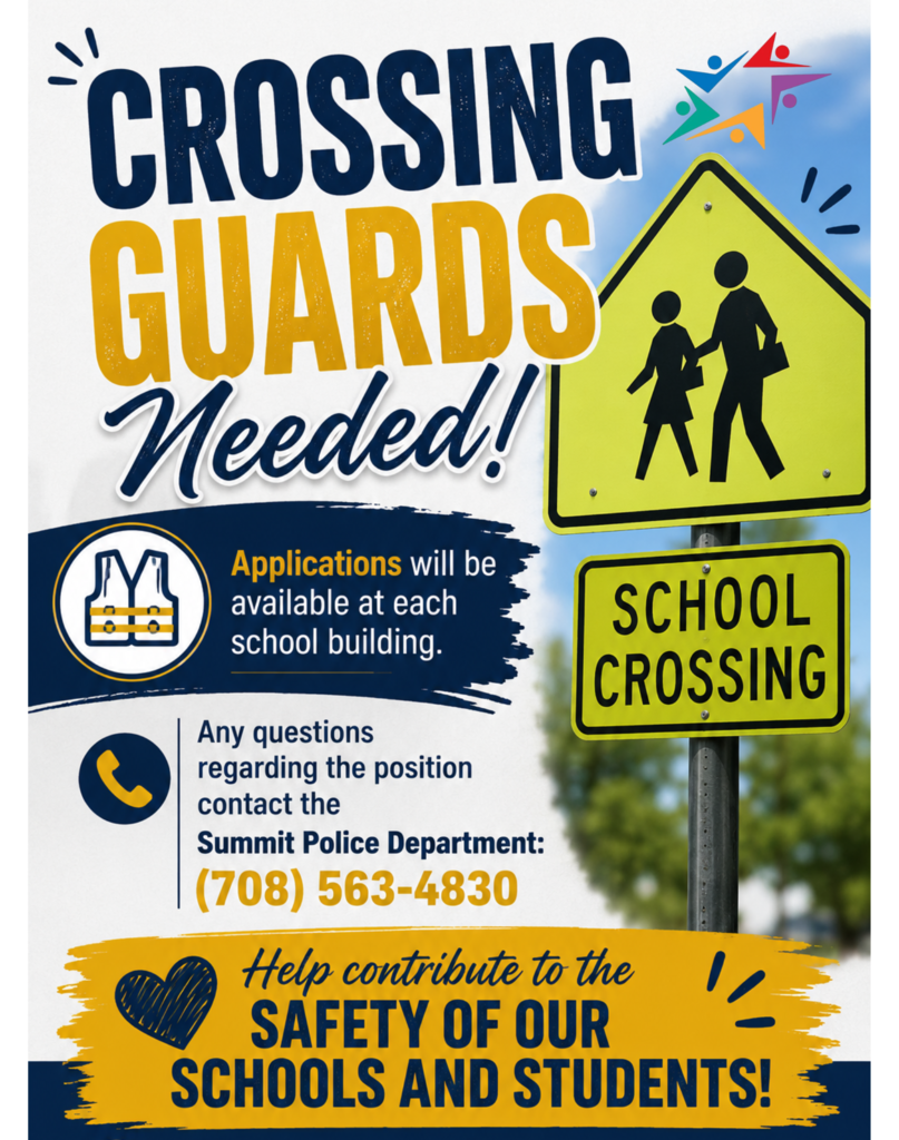 School crossing guard recruitment poster shows a school crossing sign, application details, police phone number, and student-safety appeal.