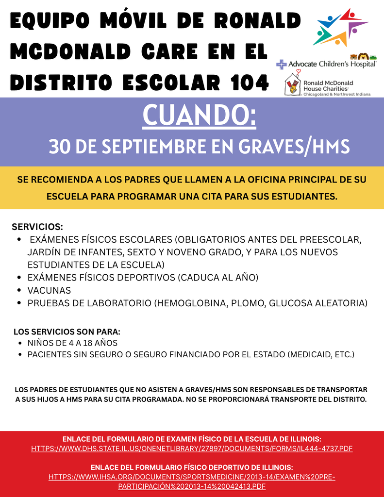 Volante en español anuncia la unidad móvil Ronald McDonald Care en el Distrito Escolar 104, con exámenes, vacunas y pruebas el 30 de septiembre.