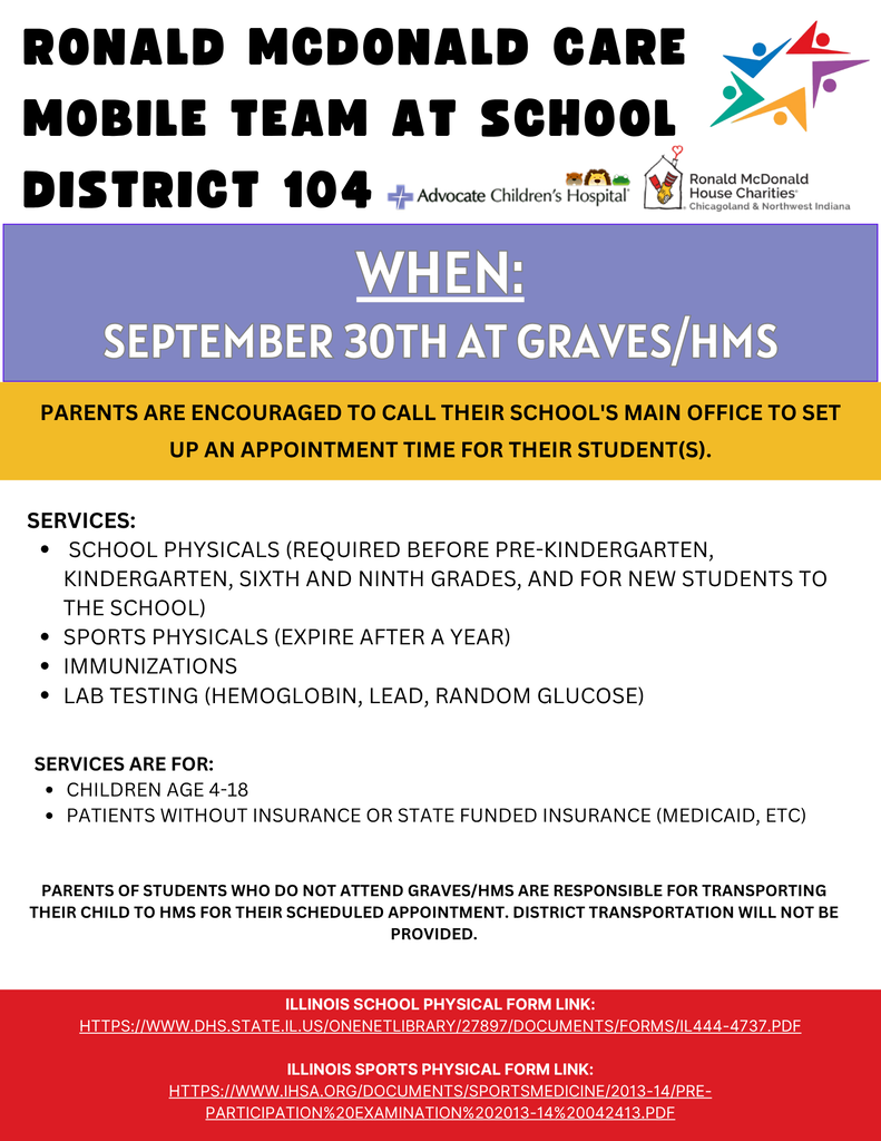 Flyer for Ronald McDonald Care Mobile Team at District 104 schools: September 30 at Graves/HMS, offering physicals, vaccines, labs, and sports exams.