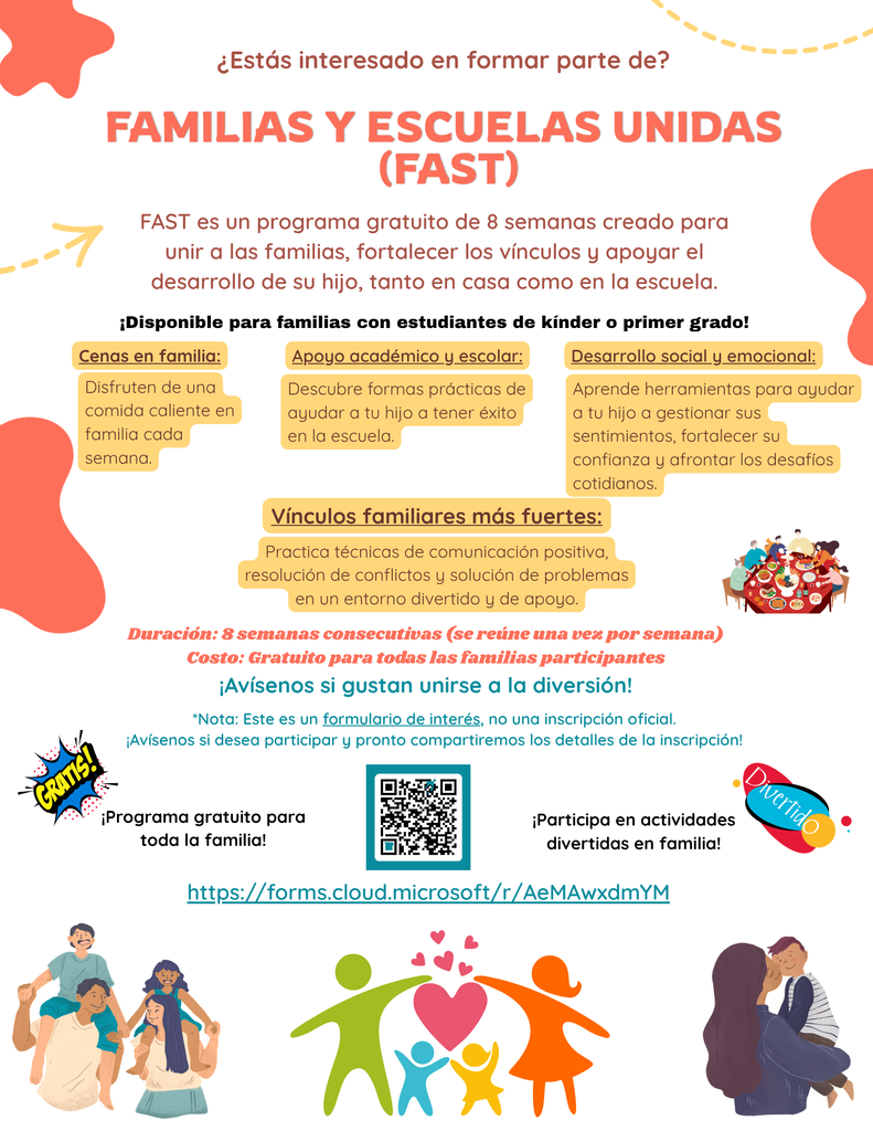 Cartel colorido en español invita a familias a unirse al programa gratuito FAST, con apoyo familiar, escolar y emocional, formulario y código QR.