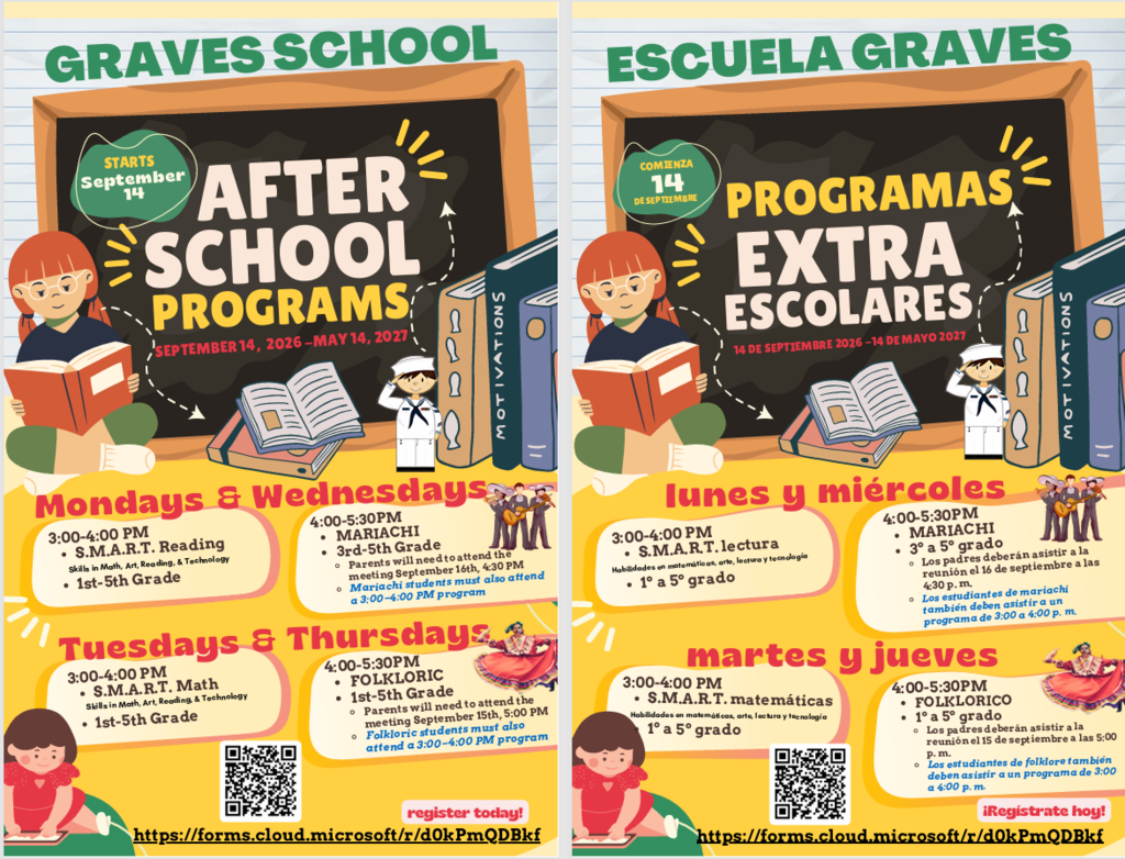 Bilingual Graves School flyer for after-school programs, showing children, books, chalkboard, schedules, activities, and colorful Spanish-English text.