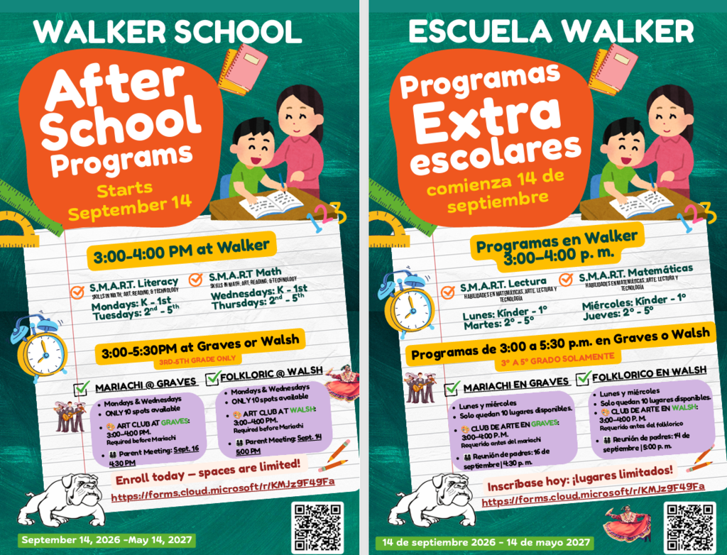 Bilingual Walker School flyers promote cheerful after-school programs starting September 14, with schedules, activities, children, and QR codes.