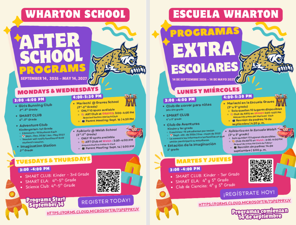 Bilingual Wharton School flyer promotes after-school programs, dates, activities, times, registration QR code, and a colorful jaguar-themed design.