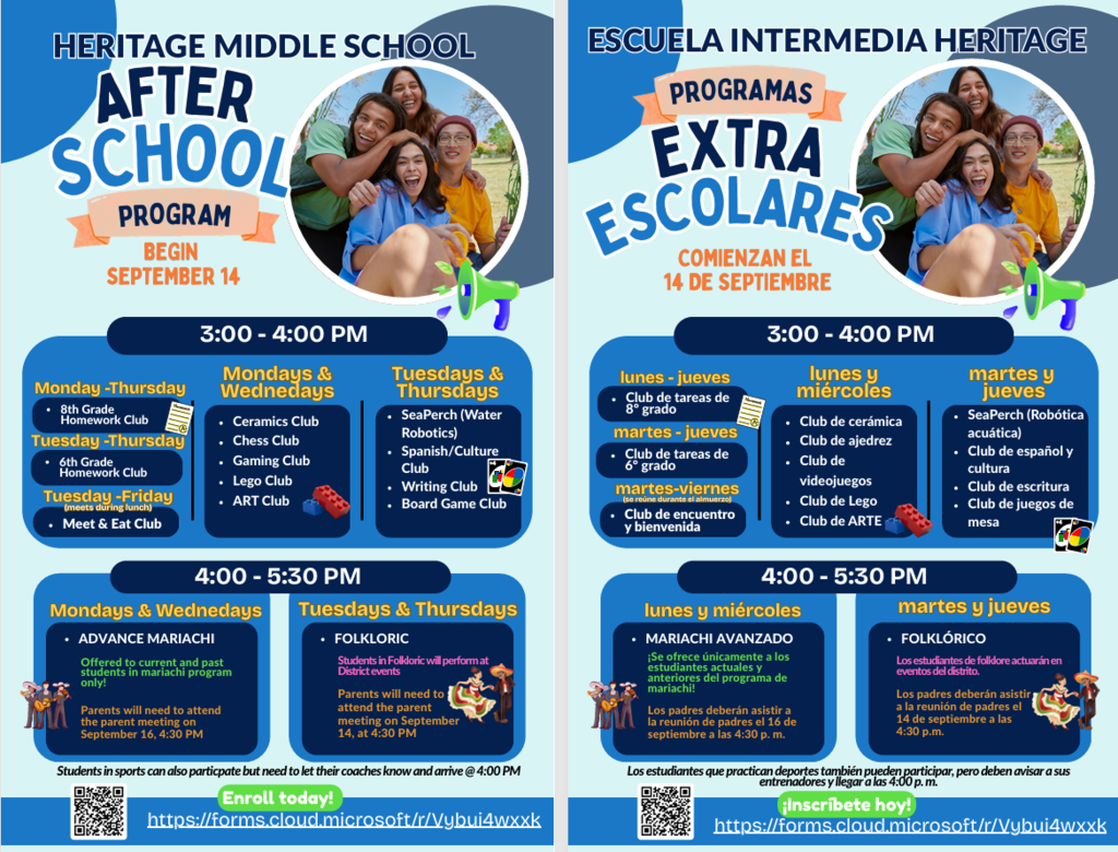 Bilingual Heritage Middle School flyer for after-school programs, featuring activities, schedules, times, student photos, and enrollment details.