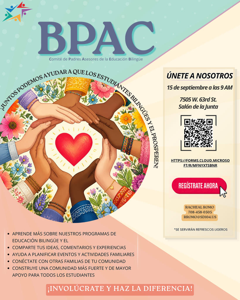 Cartel de BPAC invita a familias a unirse por la educación bilingüe; manos diversas rodean un corazón, con flores, QR y registro.