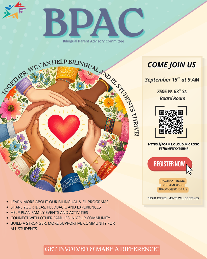 BPAC flyer invites families to a bilingual parent advisory meeting, featuring diverse hands around a heart, flowers, and registration details.