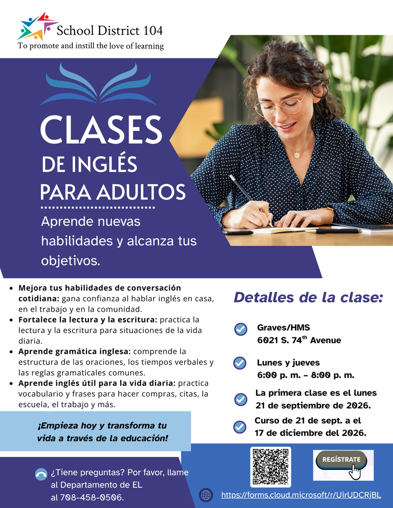 Volante de clases de inglés para adultos del Distrito Escolar 104: mujer estudiando, beneficios, horarios, registro y tono motivador.