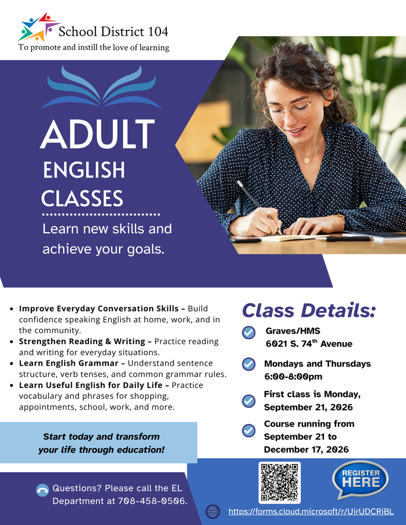 School District 104 flyer promotes adult English classes, showing a smiling woman writing and highlighting conversation, reading, grammar, and life skills.