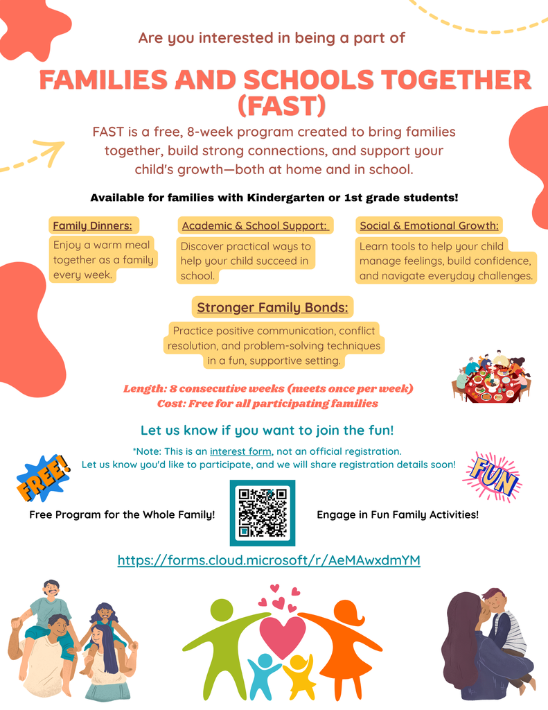 Flyer for “Families and Schools Together (FAST),” a free family program with meals, school support, bonding activities, and fun.