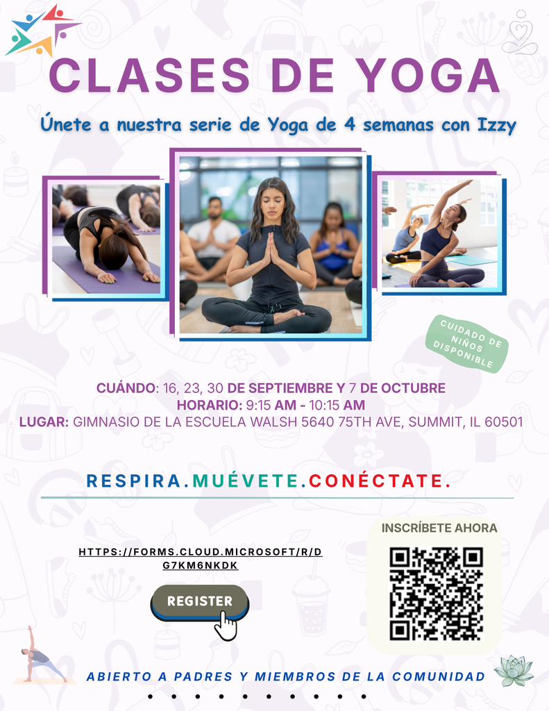 Volante colorido anuncia clases de yoga de 4 semanas, con tres fotos de posturas, datos de inscripción, código QR y tono saludable.