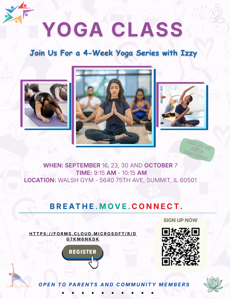 Yoga class flyer for a four-week series with Izzy, showing meditating participants, dates, location, registration link, QR code, and welcoming tone.