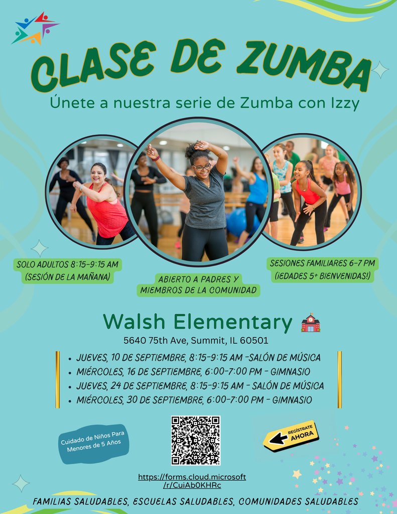 Cartel turquesa de clases de Zumba en Welsh Elementary, con fotos de participantes, horarios para adultos y familias, y código QR.