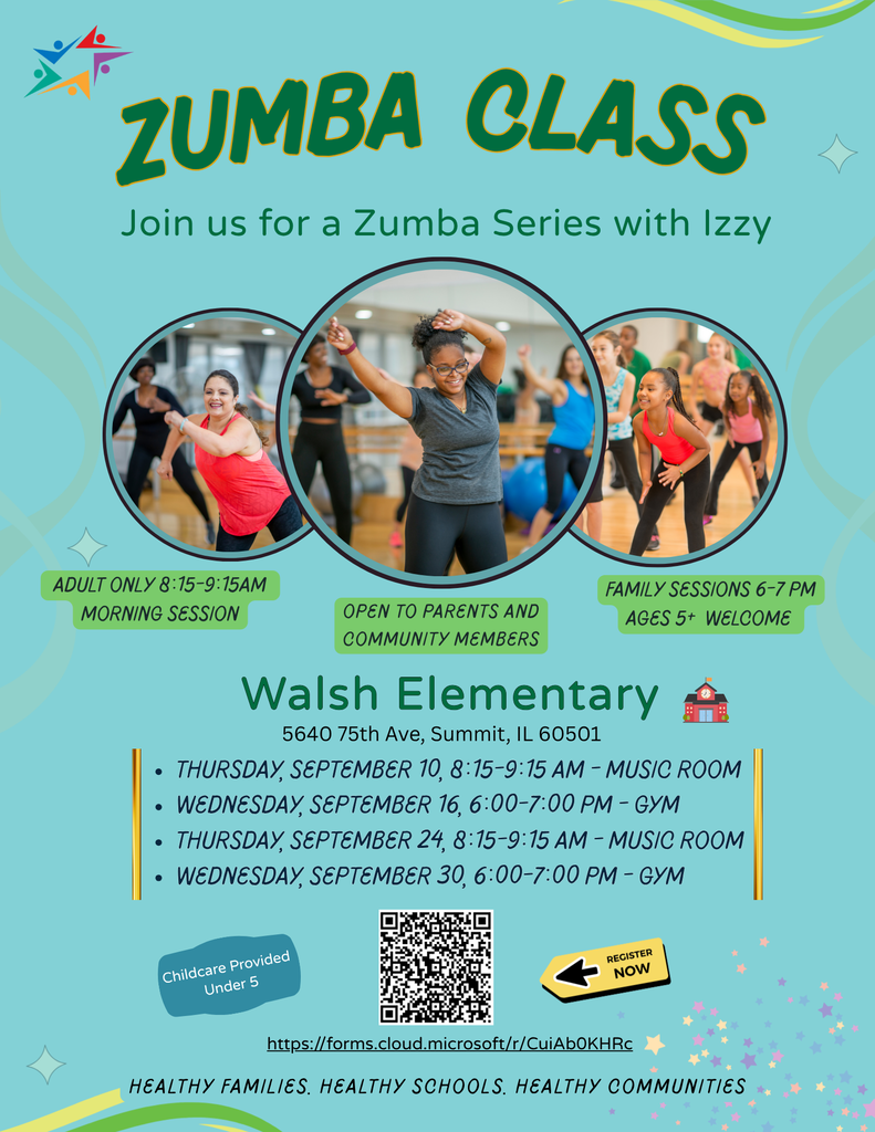 Colorful Zumba Class flyer for Wals Elementary: smiling adults and children dance in three photos, inviting families to upbeat fall sessions.