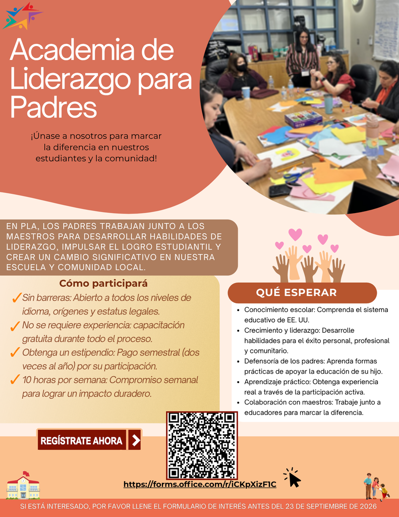 Cartel en español invita a padres a una academia de liderazgo; muestra un taller colaborativo, manos con corazones, QR e inscripción, tono motivador.